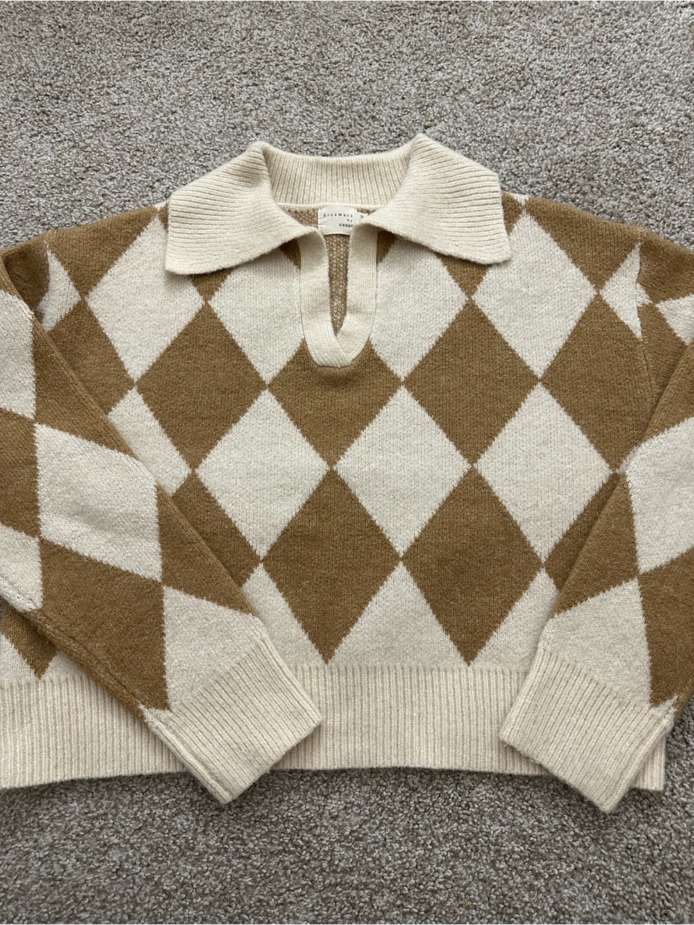 Dreamers by Debut M argyle knit polo sweater camel cream